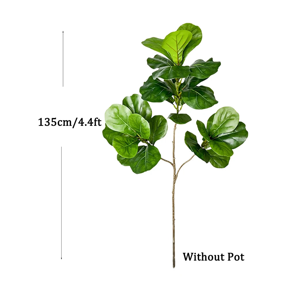 A large artificial ficus tree with green fiddle leaves shown standing without a pot.