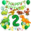 A colorful dinosaur party decoration kit featuring foil balloons, a banner, and a large number 2 balloon.
