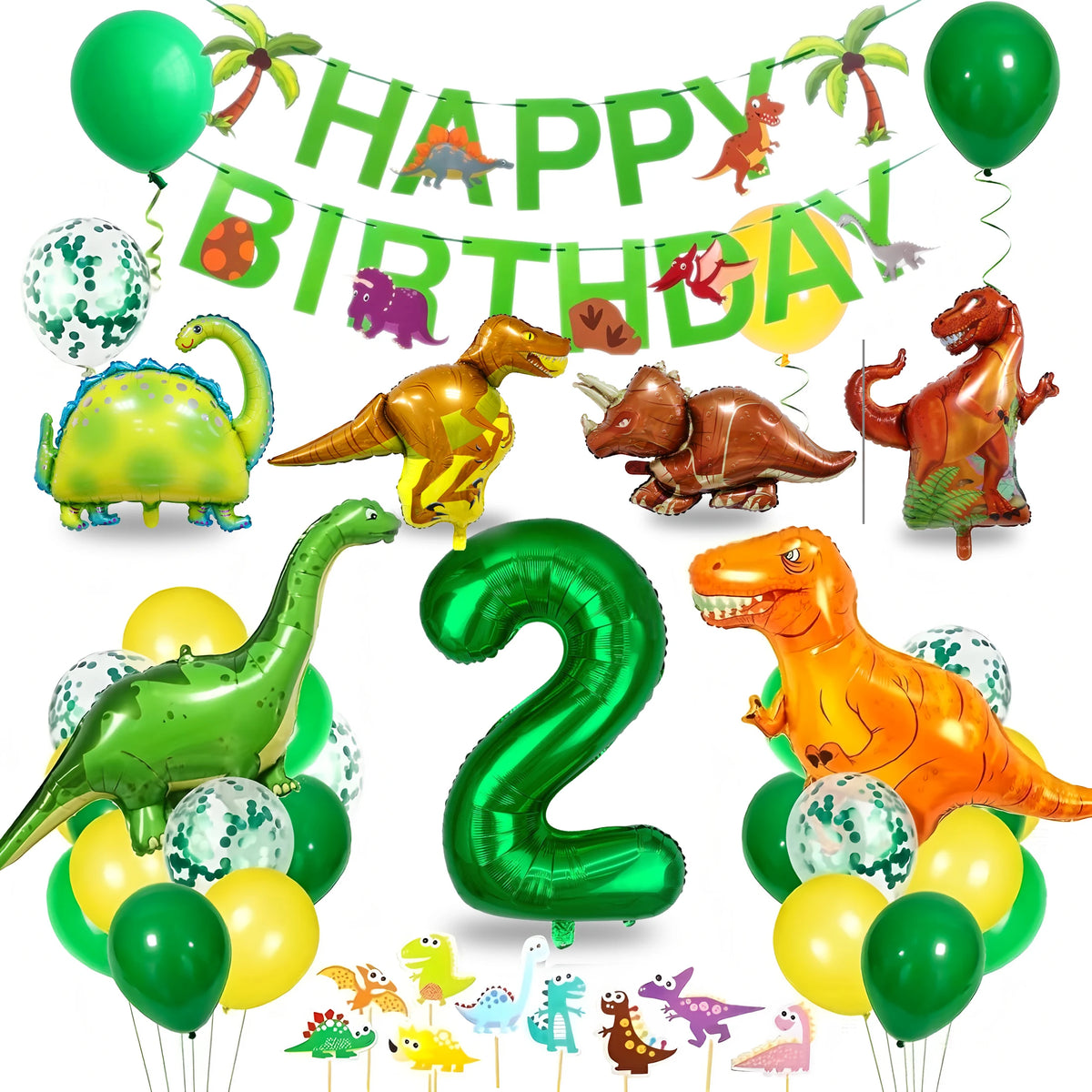 A colorful dinosaur party decoration kit featuring foil balloons, a banner, and a large number 2 balloon.