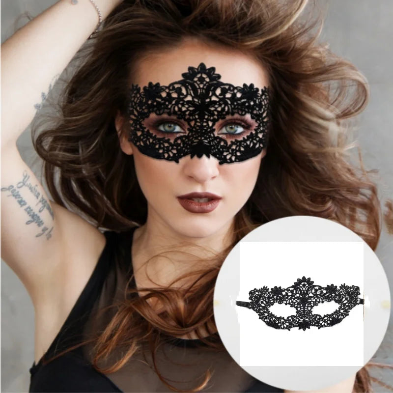 A woman wearing a black lace floral eye mask for a masquerade or cosplay event.