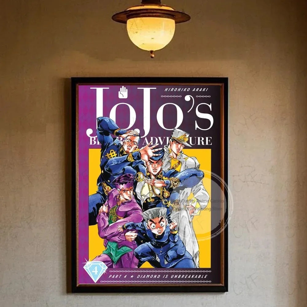 Anime poster for JoJo's Bizarre Adventure featuring characters in vibrant colors and dramatic poses.