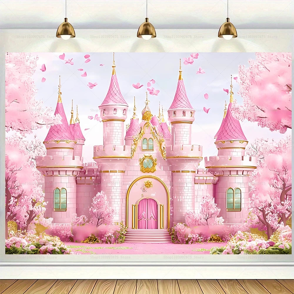 A large photo backdrop featuring a pink princess castle surrounded by pink cherry blossoms and lush greenery.