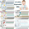 A collection of disposable baby bibs featuring various patterns and food catcher pockets for infants.