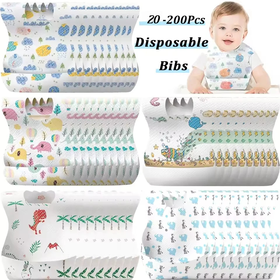 A collection of disposable baby bibs featuring various patterns and food catcher pockets for infants.