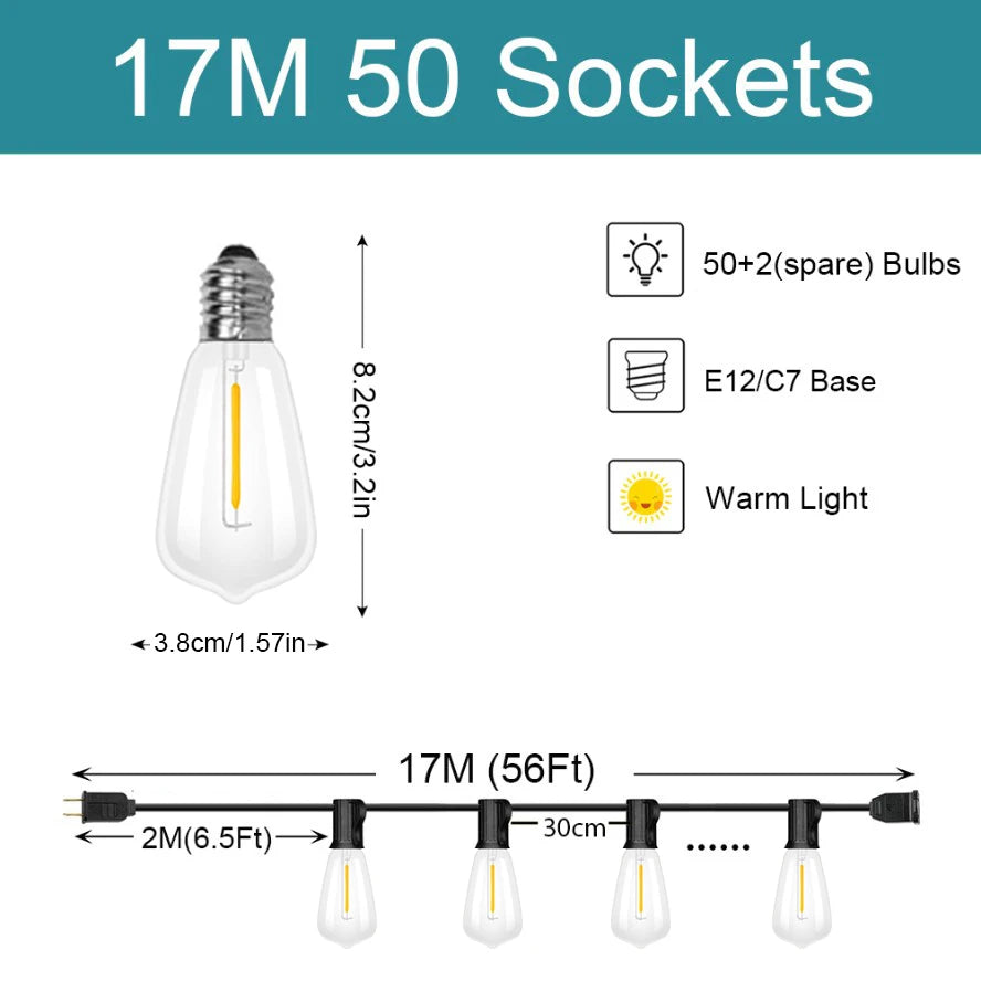 A string of 17M 50 sockets LED lights with E12/C7 bases and warm light bulbs.