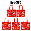 Five red festive gift bags with handles featuring Christmas designs and gift boxes