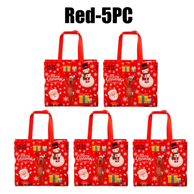 Five red festive gift bags with handles featuring Christmas designs and gift boxes