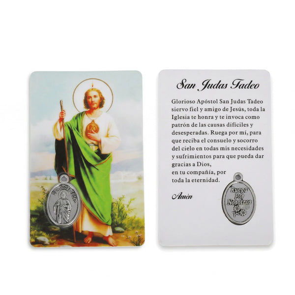 Carte religieuse de Saint Judas Thaddée avec une auréole et du texte en espagnol, avec un pendentif.