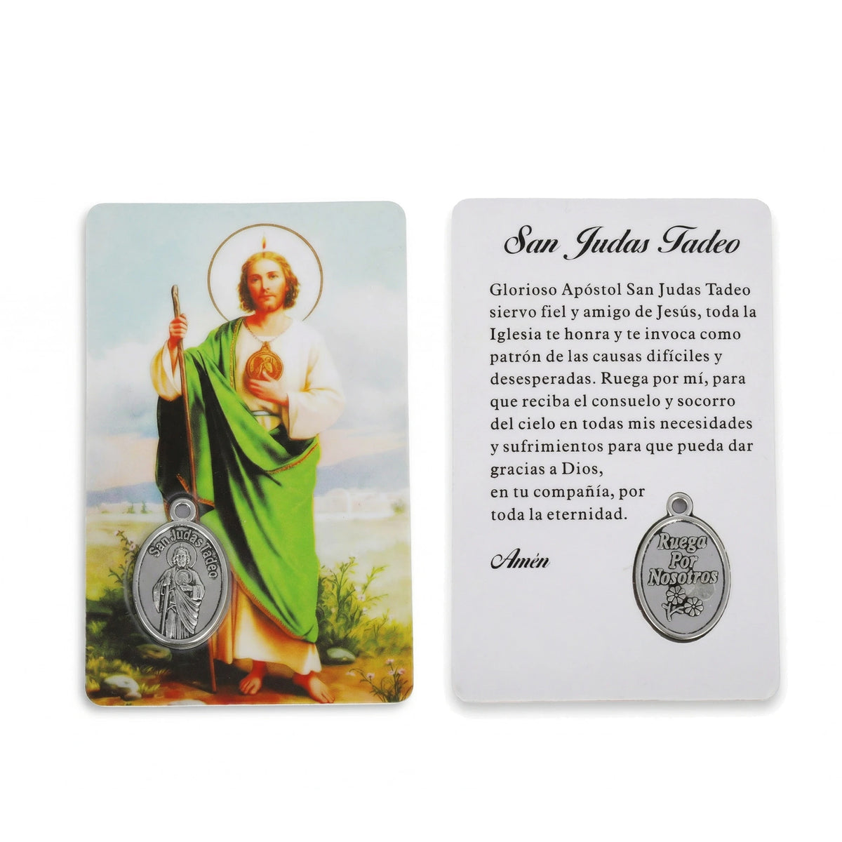 A religious card featuring Saint Jude Thaddeus with a halo and text in Spanish, along with a pendant.