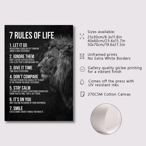 Impression d'art sur toile noire avec le texte 'Règles de la Vie' et sept règles de vie listées.