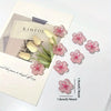 Pink cherry blossom fridge magnets with white petals displayed on a light background.