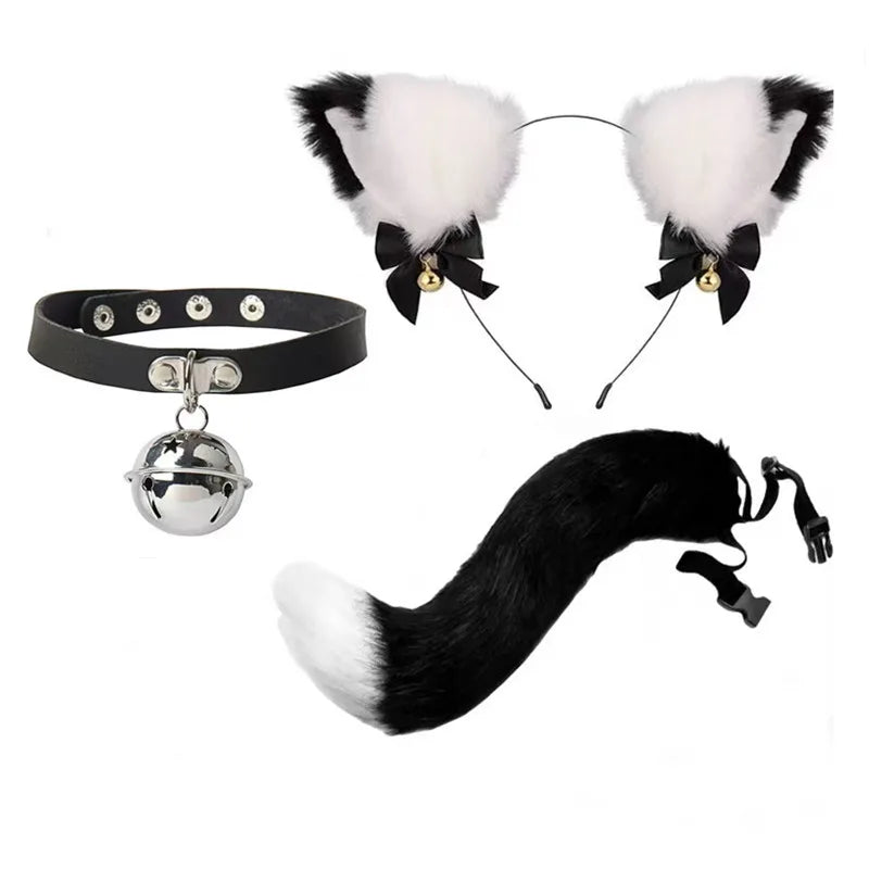 Black furry cat ear headband and tail costume set with a silver bell charm
