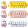 A set of mirror acrylic happy birthday cake toppers in yellow, pink, and silver colors.