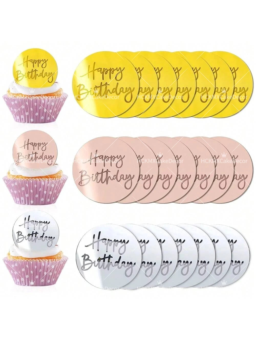 A set of mirror acrylic happy birthday cake toppers in yellow, pink, and silver colors.