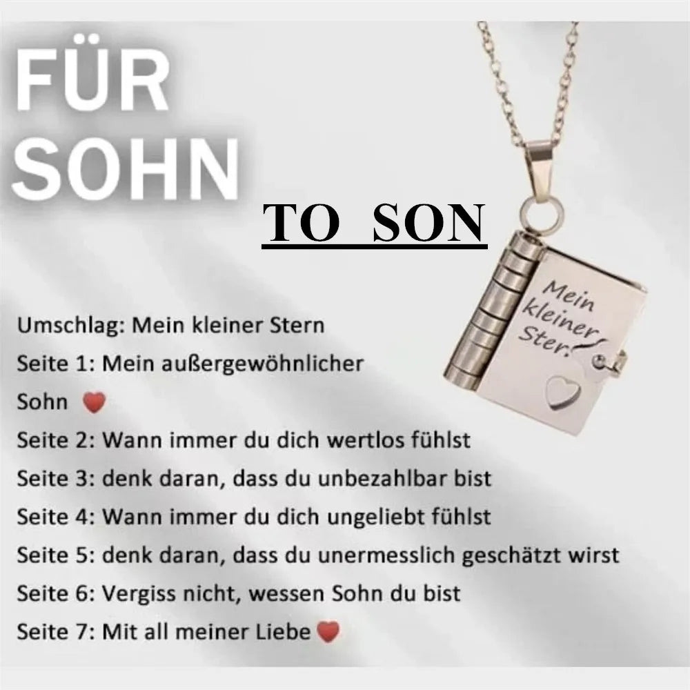 A silver openable book pendant necklace with an engraved message for a son