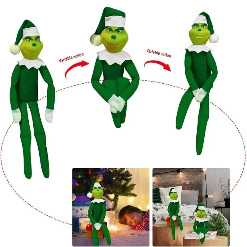 Un arbre de Noël en elf vert et moelleux dans diverses poses, y compris une figure debout et une figure assise.