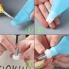 A set of blue piping tips and tools for cake decorating, shown in four steps.
