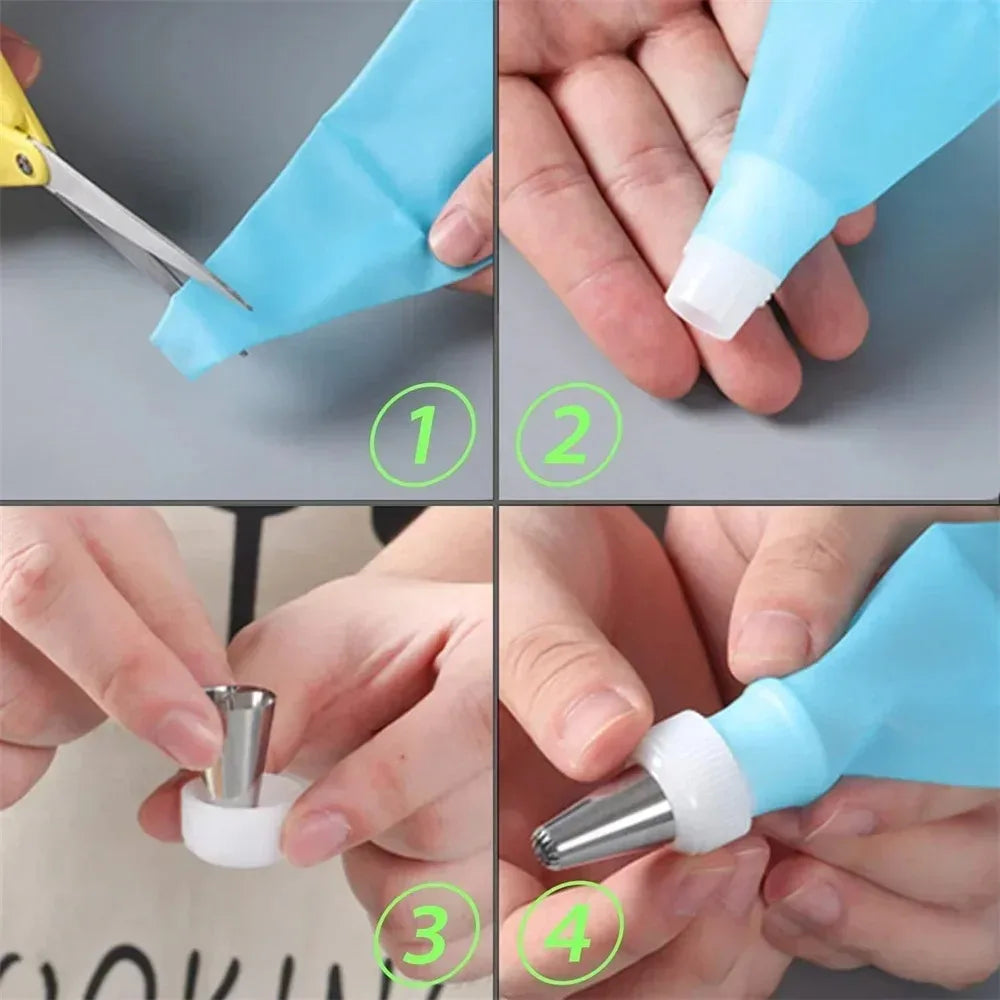 A set of blue piping tips and tools for cake decorating, shown in four steps.