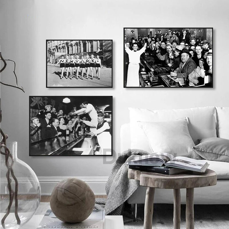Black and white wall art featuring a vintage print of a Prohibition-era beer scene.