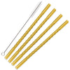 A set of gold-colored reusable borosilicate glass straws with cleaning brushes.