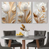A set of three modern 3D floral canvas wall art pieces featuring white and gold lotus flowers on a gray background.