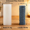 A white pillar candle mold and a gray embossed pillar candle are shown next to each other on a wooden surface.
