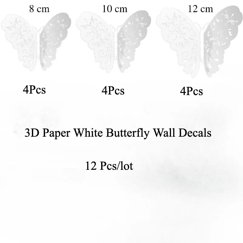 Set von 3D-Papier-Schmetterlings-Wandaufklebern in Größen 8, 10 und 12 cm, mit 4 Stück pro Größe.