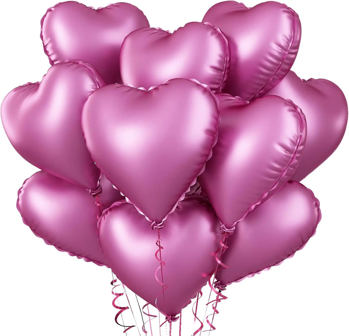 A cluster of pink heart-shaped foil balloons tied together with ribbons.