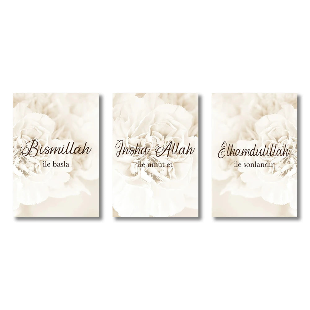 Three vertical Islamic calligraphy posters featuring floral designs with Bismillah, Insha Allah, and Alhamdulillah