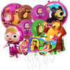 A set of Masha and Bear themed party decor including character plush toys and decorations.