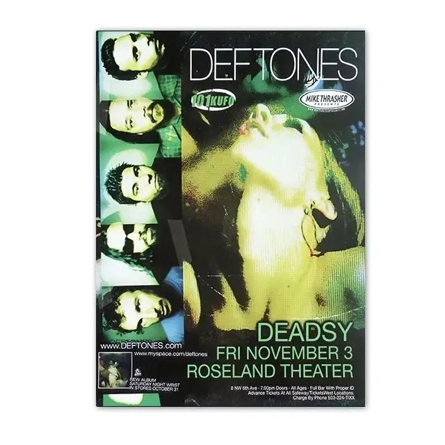A concert poster for Deftones featuring a close-up of a musician against a dark background.