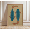 Vintage Japandi Tiger Cat canvas wall art featuring a blue fish silhouette in an orange frame.