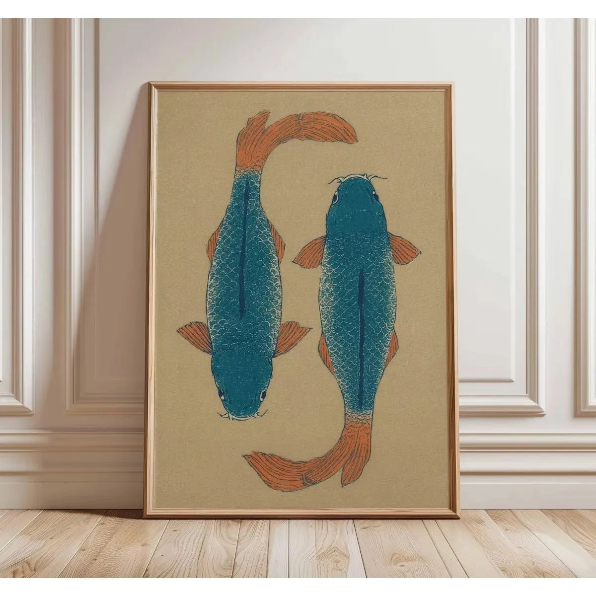 Vintage Japandi Tiger Cat canvas wall art featuring a blue fish silhouette in an orange frame.