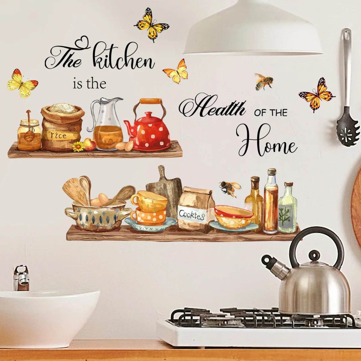 A white wall featuring black script text and butterfly decals celebrating the health of the home above kitchen and dining ele