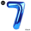 A shiny blue foil balloon shaped like the number 7, measuring 32 inches.