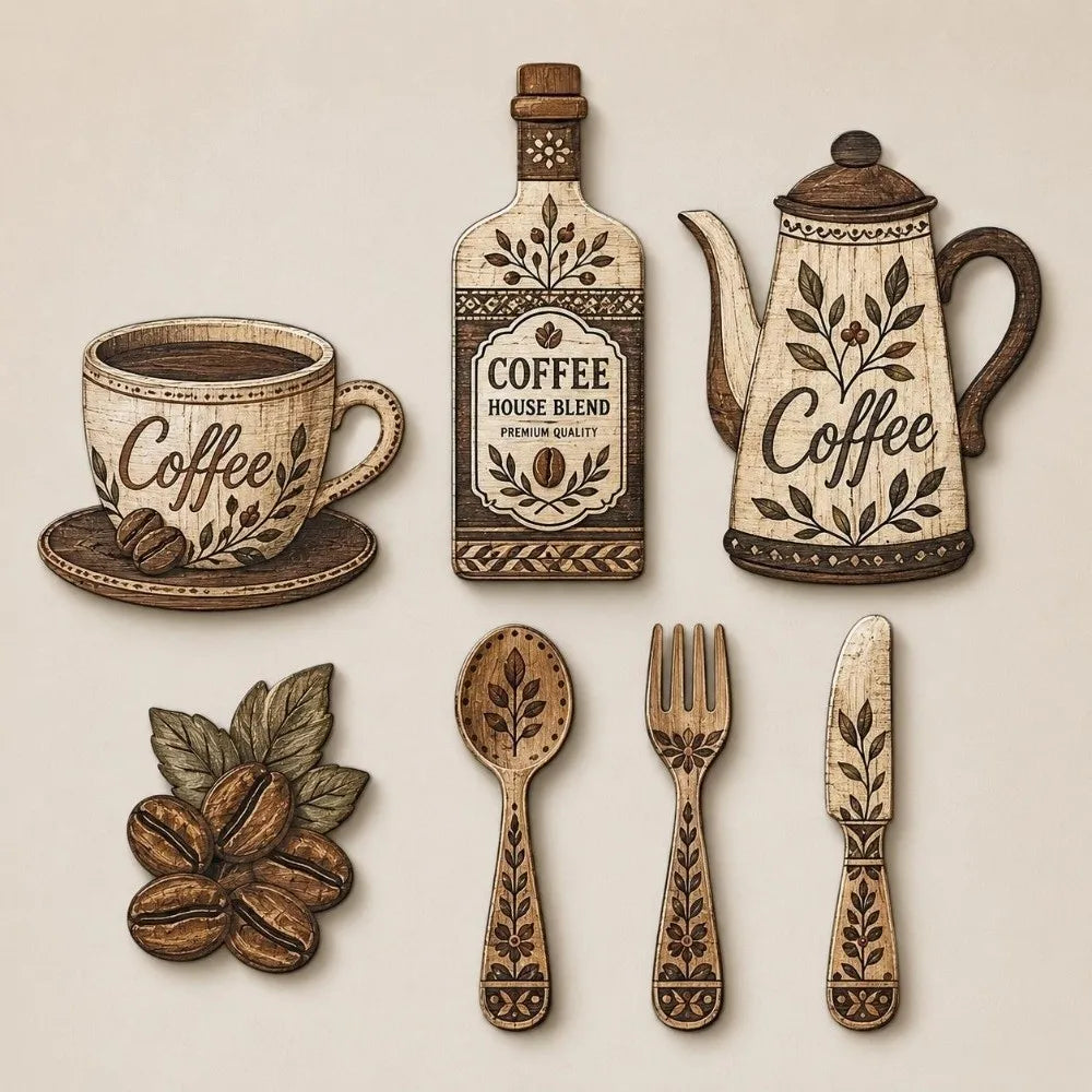 A set of vintage wooden coffee utensils including a bottle, teapot, and cutlery.