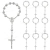 A collection of mini baptism rosary favors featuring various cross styles and designs.
