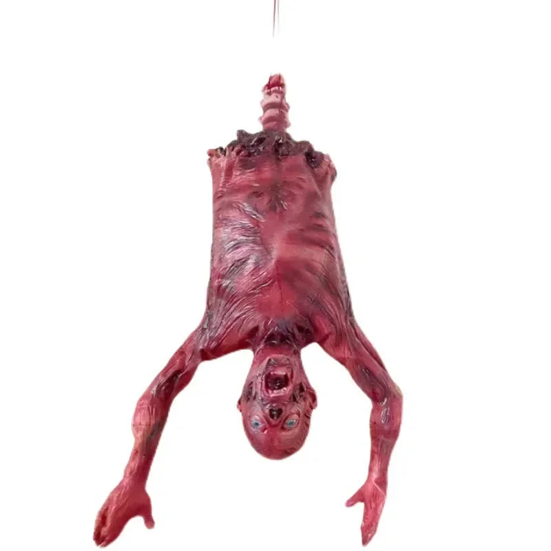 A realistic, bloody hanging corpse prop used for Halloween or haunted house decoration.
