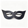 A black adjustable PU leather cat eye masquerade mask with a curved shape and elastic ties.