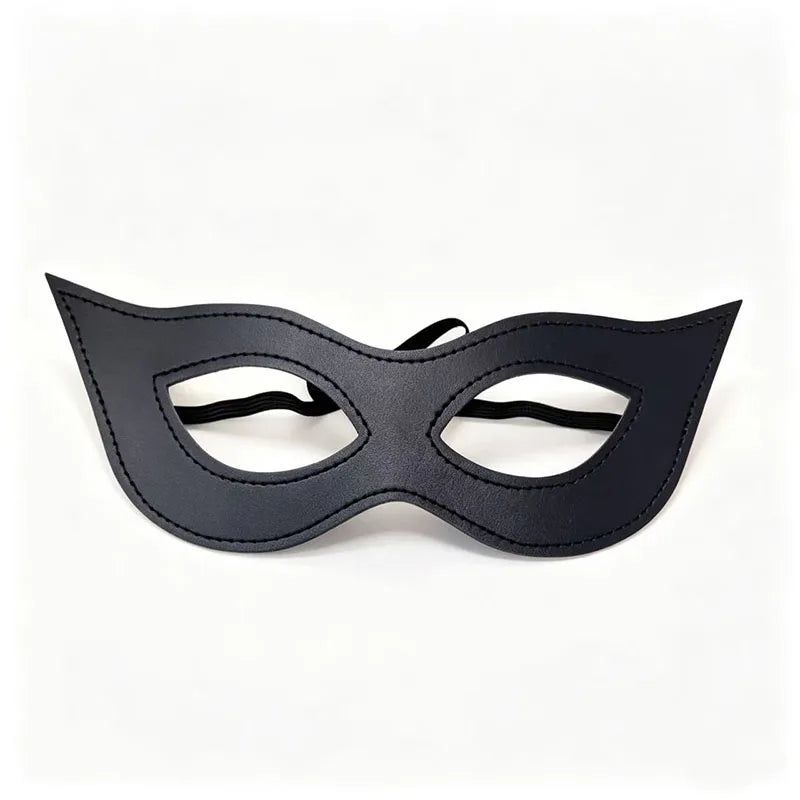 A black adjustable PU leather cat eye masquerade mask with a curved shape and elastic ties.