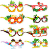A set of Hawaiian luau party sunglasses and table mats featuring tropical designs and bright colors.