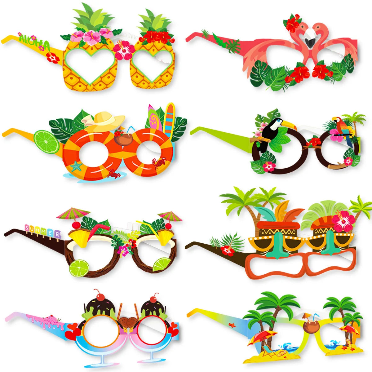 A set of Hawaiian luau party sunglasses and table mats featuring tropical designs and bright colors.