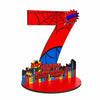 A wooden spider-themed number seven sign with a 'cool' speech bubble and a birthday banner display.