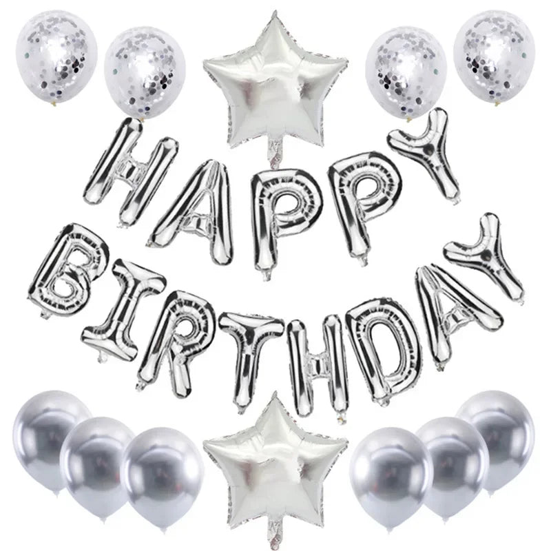 A collection of 25 rose gold foil letter balloons for birthday parties, including letters and a star shape.