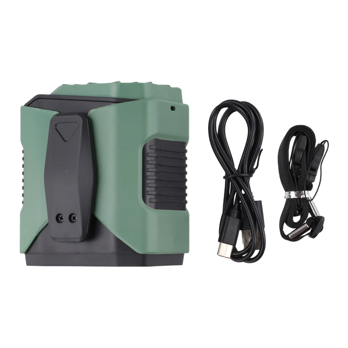A portable rechargeable waist fan with an LED light in a green and gray casing, shown next to its coiled black power cord.