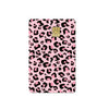 A pink card cover featuring a leopard print pattern with a gold embossed design.