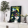 A poster featuring the Cyberpunk Edgerunners theme with neon yellow and blue accents displayed on a white shelf.