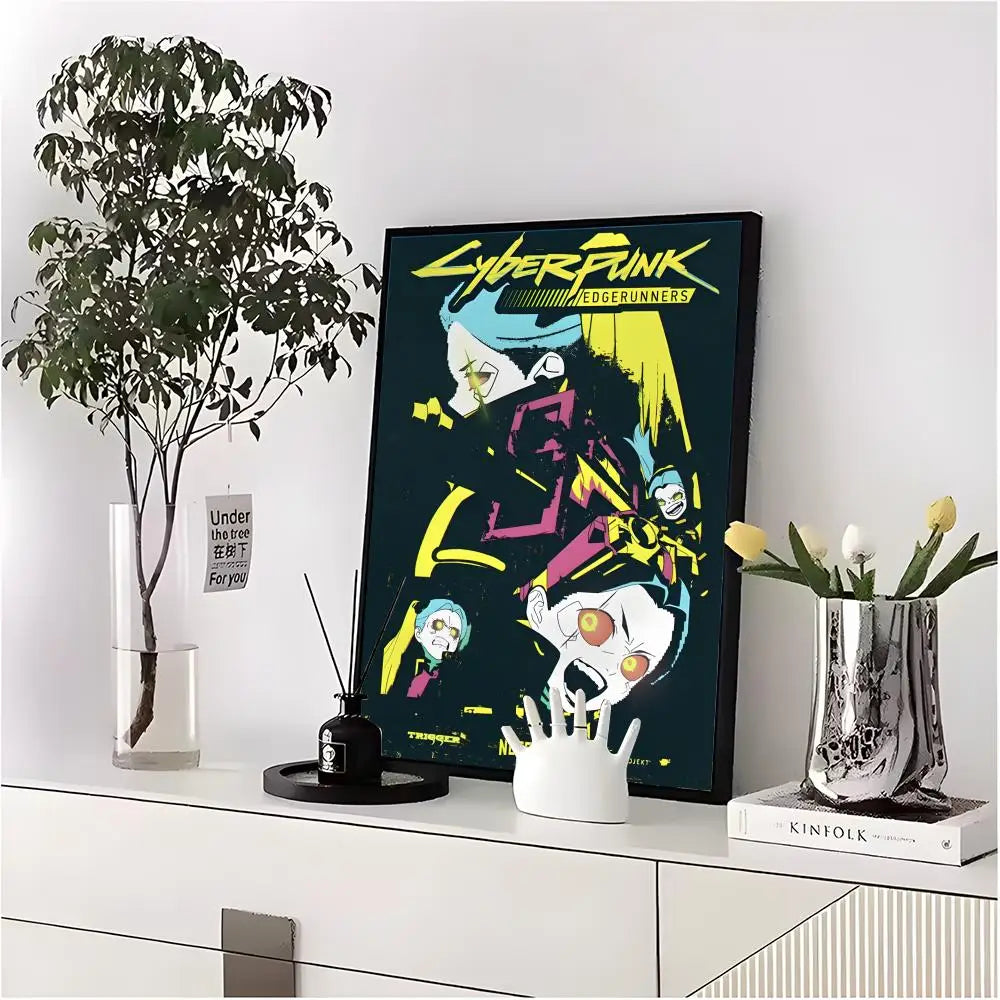 A poster featuring the Cyberpunk Edgerunners theme with neon yellow and blue accents displayed on a white shelf.