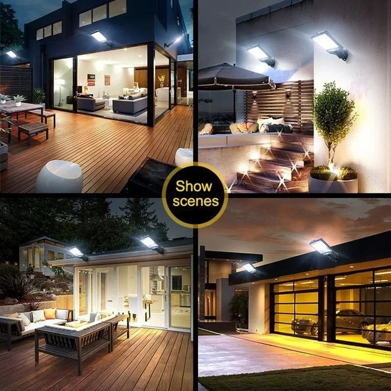 Show scenes of a solar powered motion sensor security light with 108 LED bulbs illuminating modern architecture and outdoor s