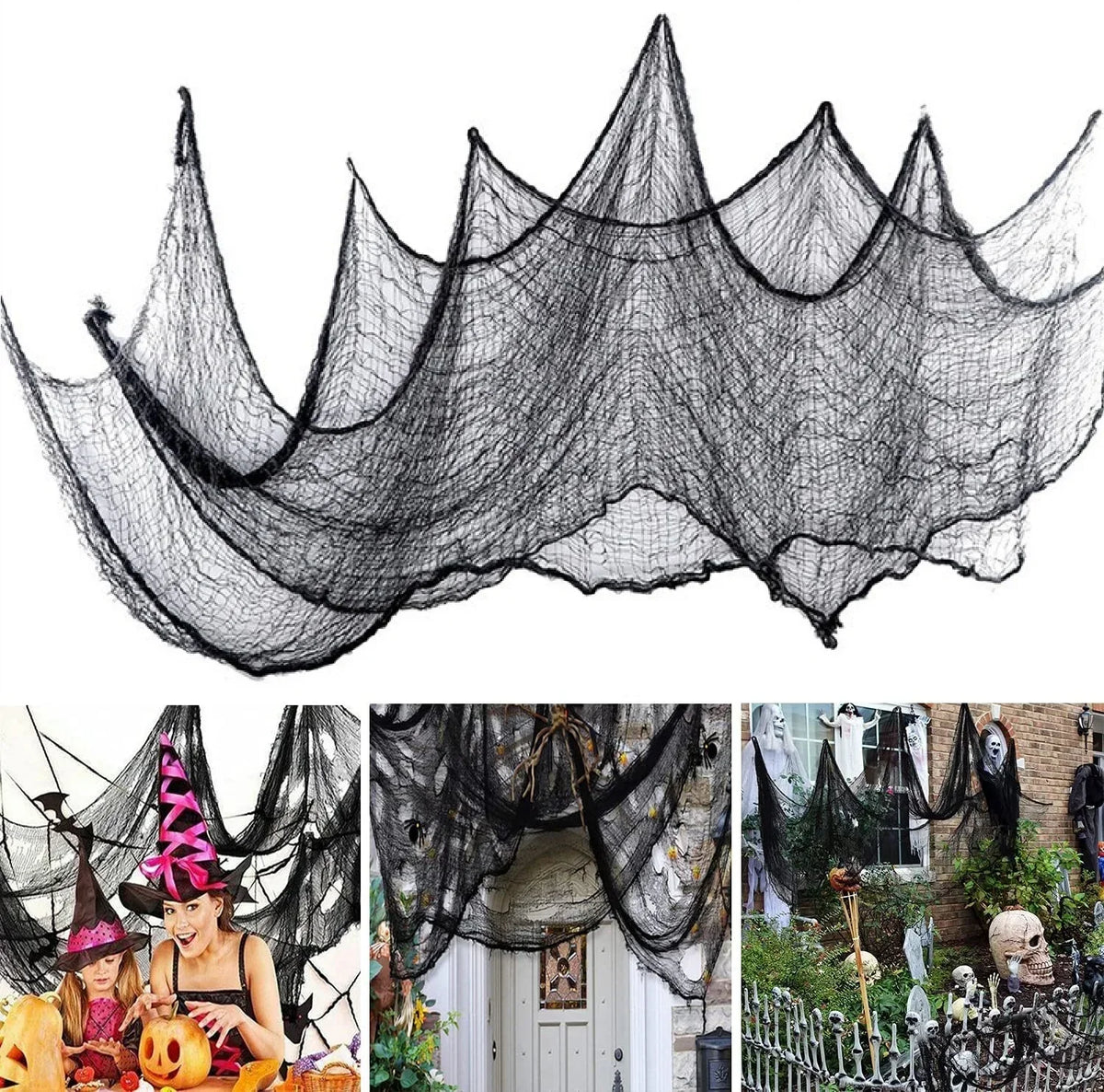 Black creepy gauze cloth netting draped to resemble a spooky, jagged silhouette for Halloween decor